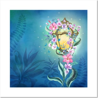 Enchanted streetlight with flowers ornament, butterflies decoration. Night Fairy garden watercolor illustration. Colorful romantic scenery Posters and Art